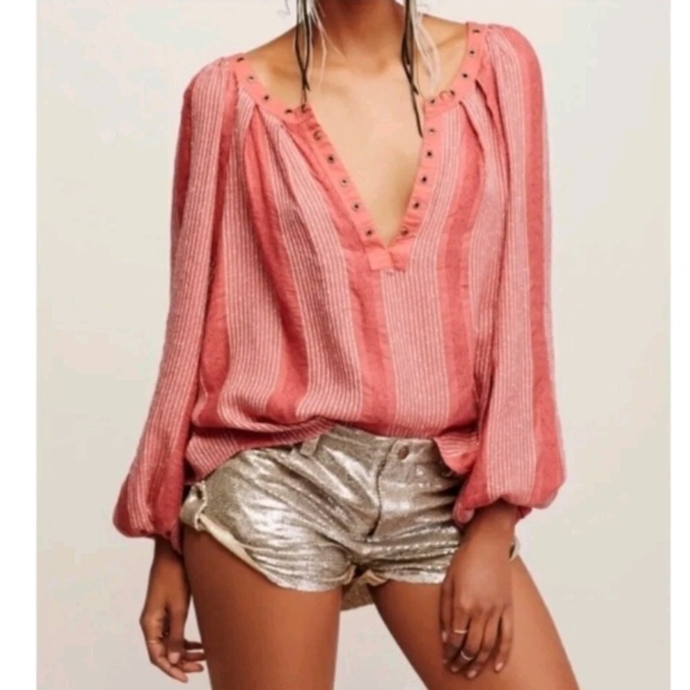 Free People Against All Odds Grommet Balloon Sleeve Blouse